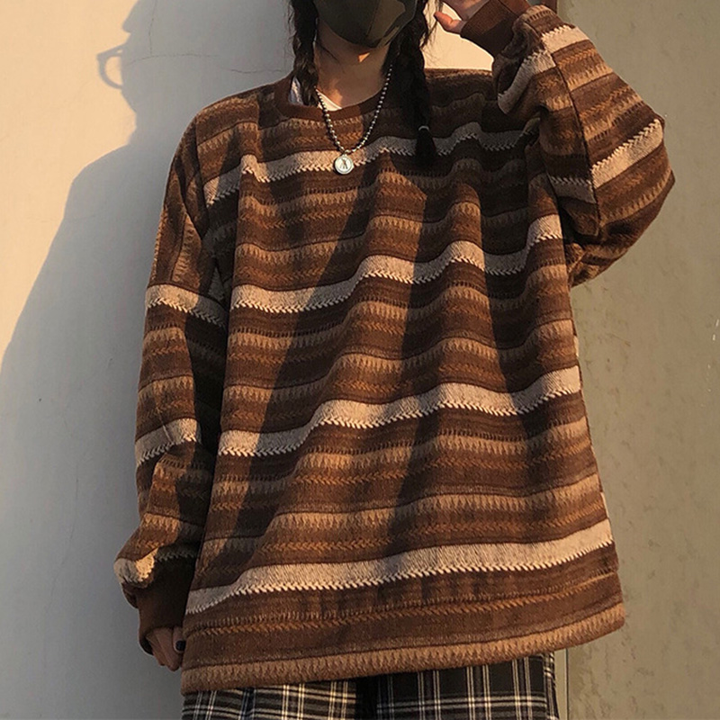 Striped Pullover Women Vintage Sweater Oversize Long Sleeve Couples Loose Tops Hip Hop Streetwear Pullover Casual Female alx