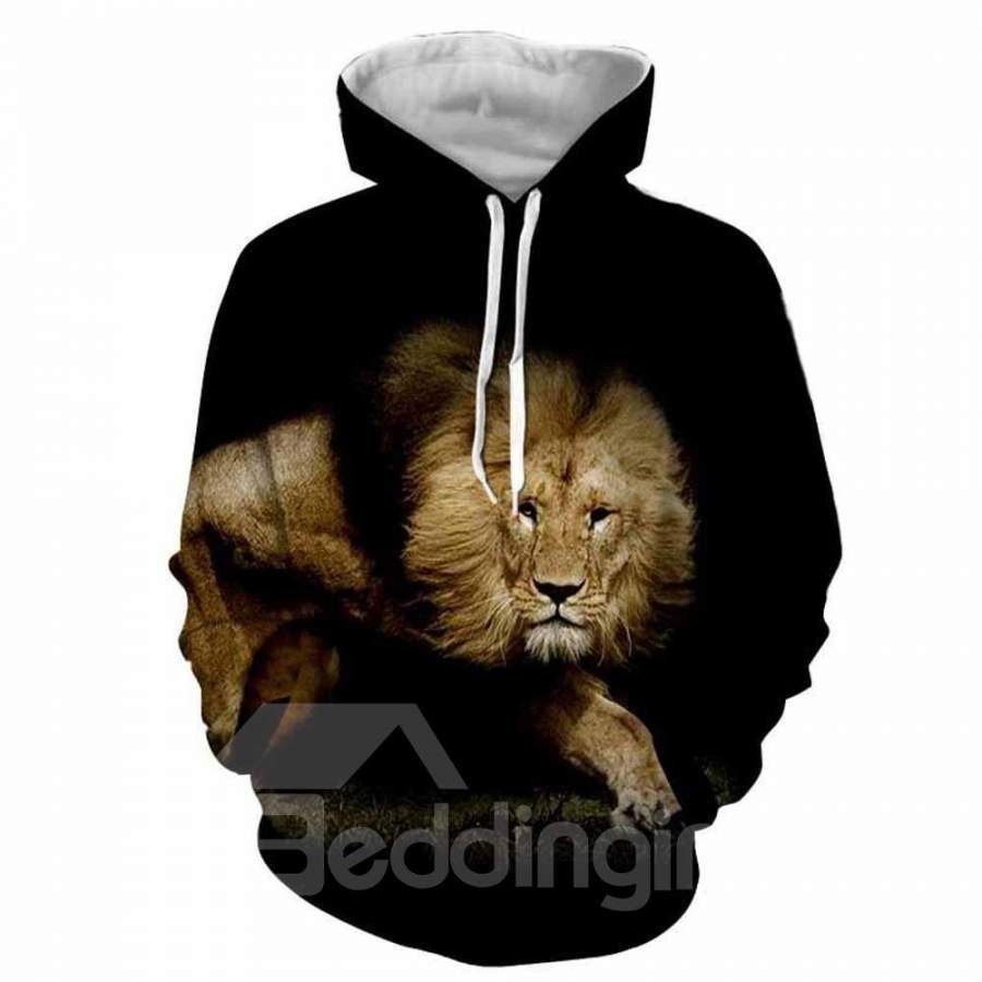 3D Casual Soft Long Sleeve Lion Printed Hooded Sweatshirt with Front Pocket