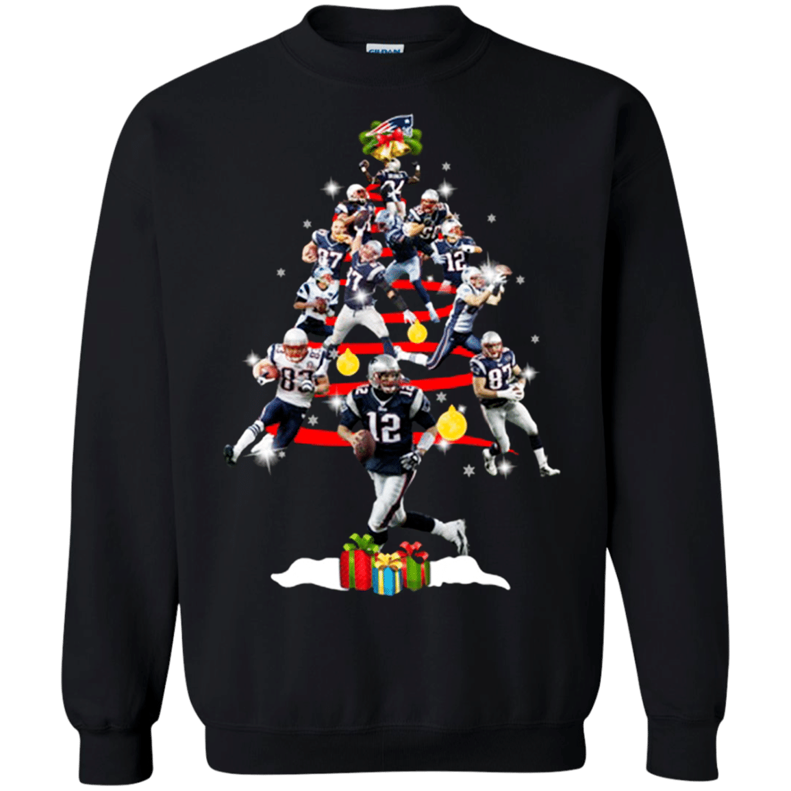 Find New England Patriots Players Christmas Tree G180 Gildan Crewneck Pullover Sweatshirt  8 oz.