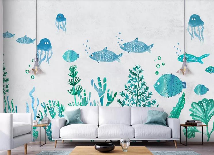 3D Hand Drawn Sea Animals Aquatic Plants Wall Mural Wallpaper Lqh 279