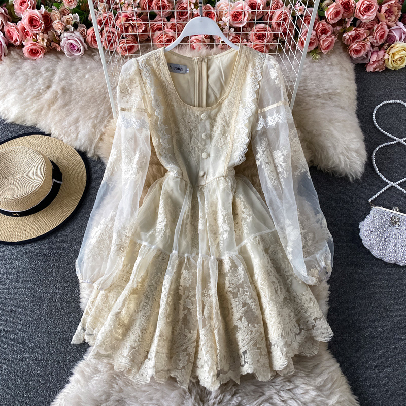 Beach Dresses Women Summer 2021 Boho Elegant Long Sleeve Square Collar Embroidery Lace Retro Court Style Ladies Bohemian Dress alx