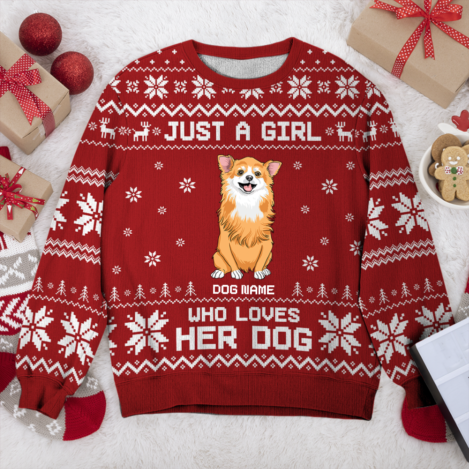 Chihuahua Longhaired Just A Girl Personalized Sweater, Dog Ugly Christmas Sweater