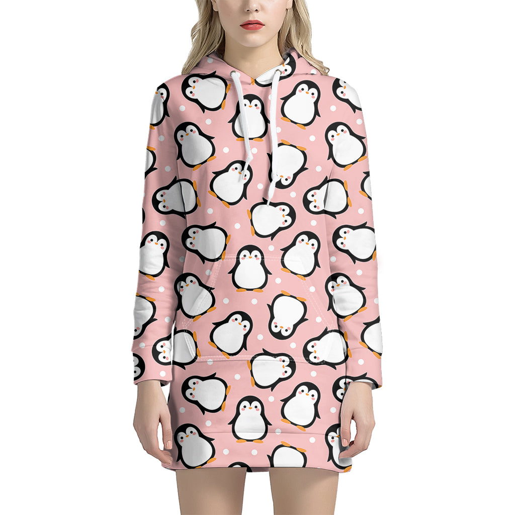 Pink Polka Dot Penguin Pattern Print Women’S Pullover Hoodie Dress