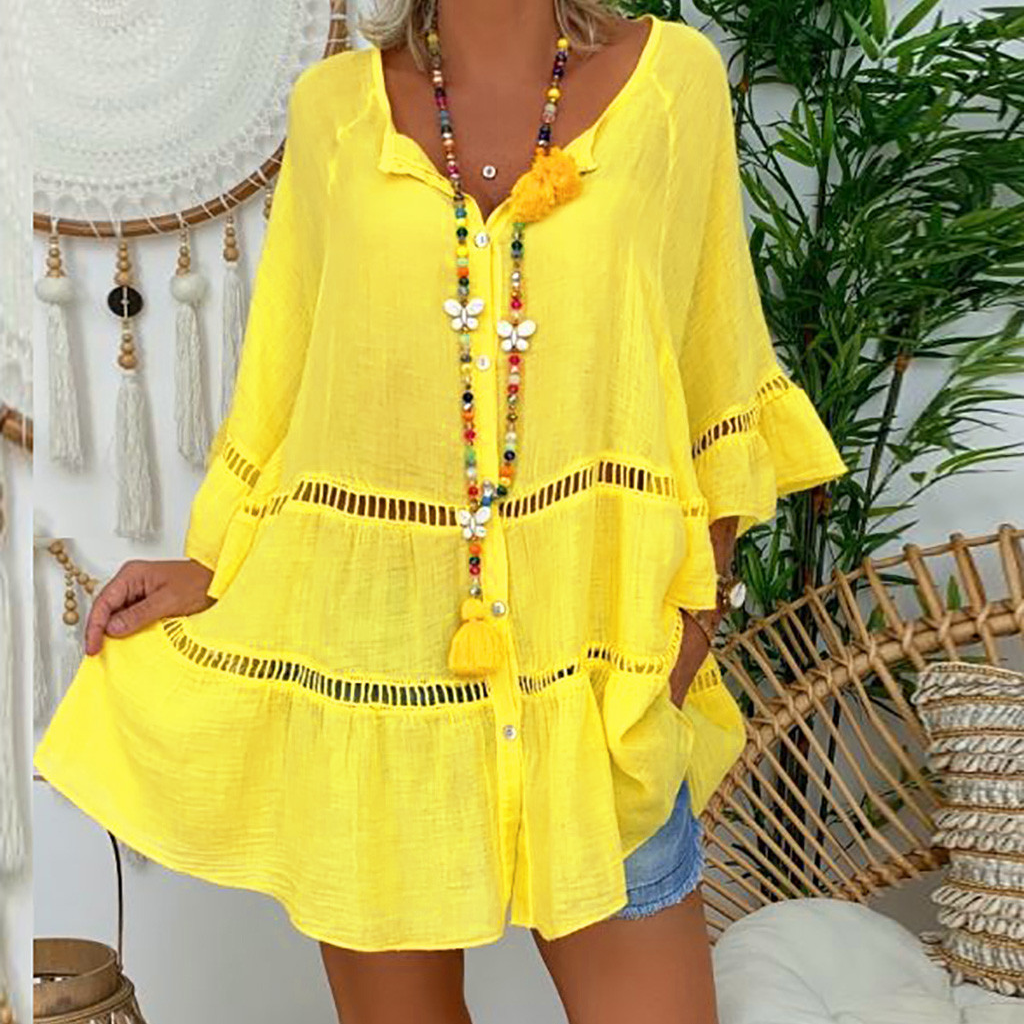 Yellow Summer Fall Cotton Linen Dresses for Women 3/4 Sleeve V-neck Loose Button Up Dress Hollow Large Size Shirt Dress Maxi alx