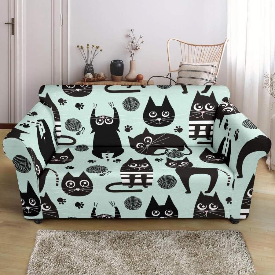 Black Kitten Cat Pattern Print Loveseat Cover