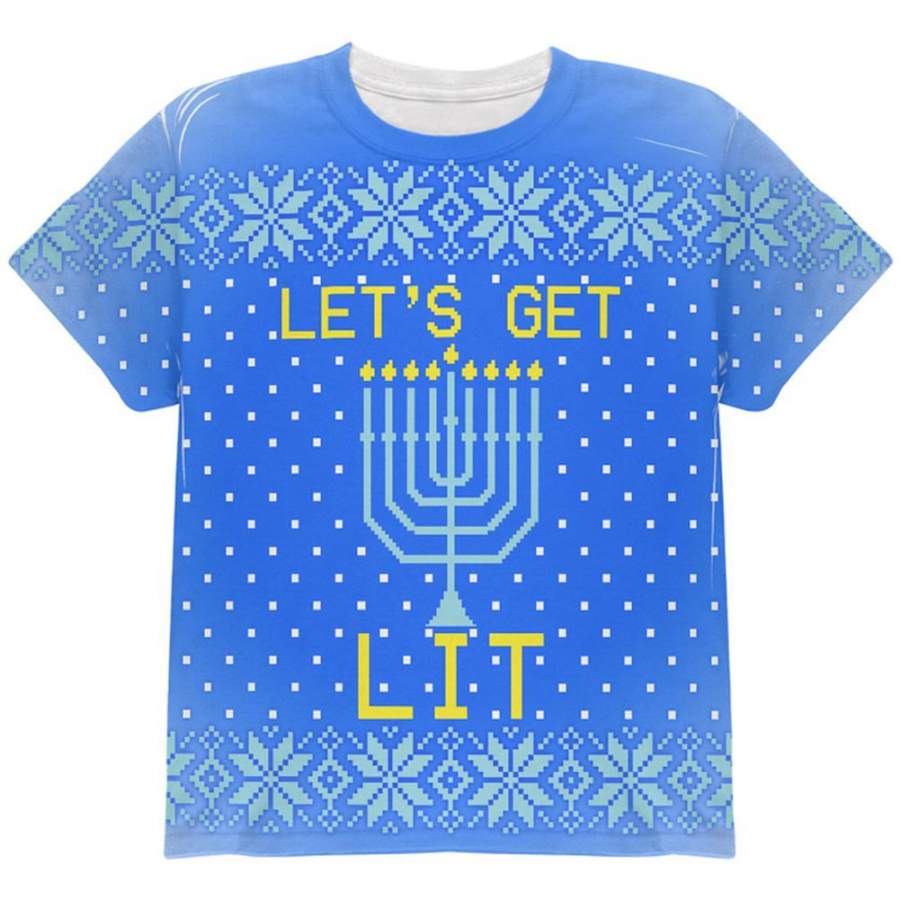 Ugly Christmas Sweater Let’s Get Lit Menorah Hanukkah All Over Youth T Shirt