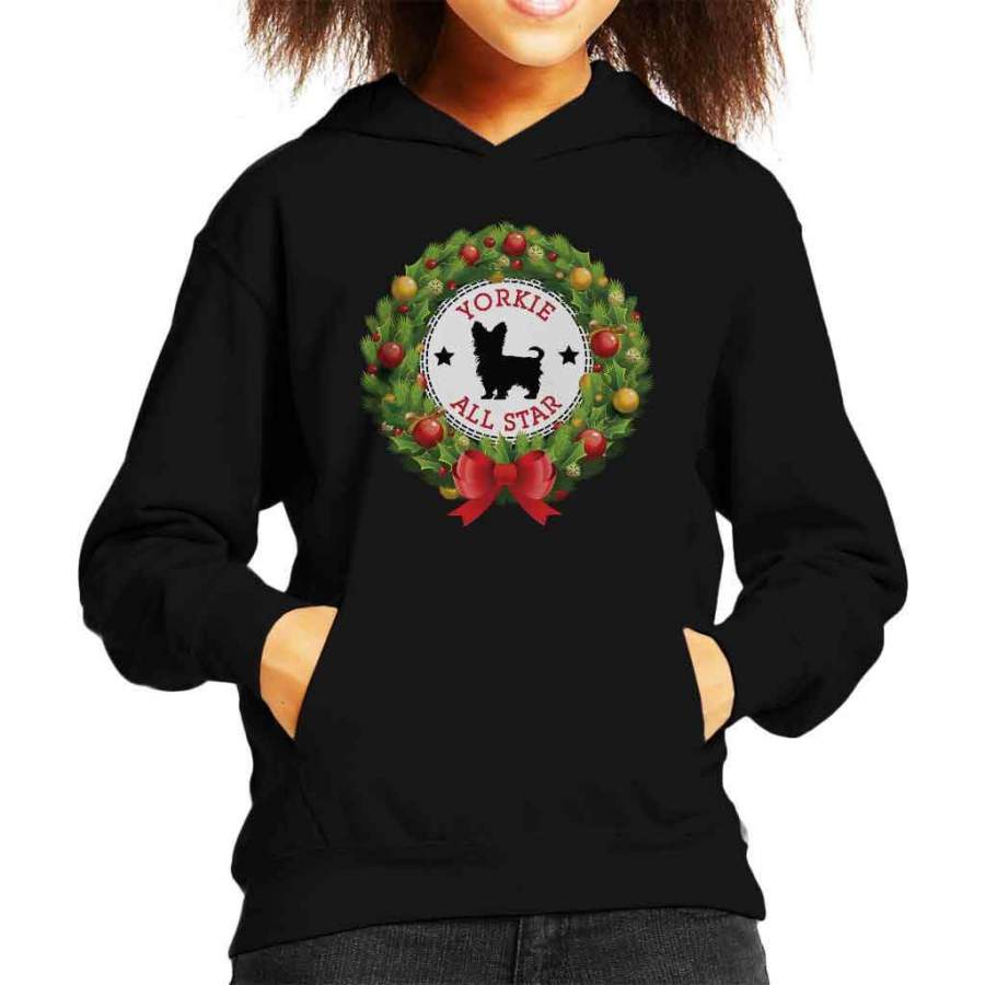 Yorkshire Terrier All Star Christmas Wreath Kid’s Hooded Sweatshirt