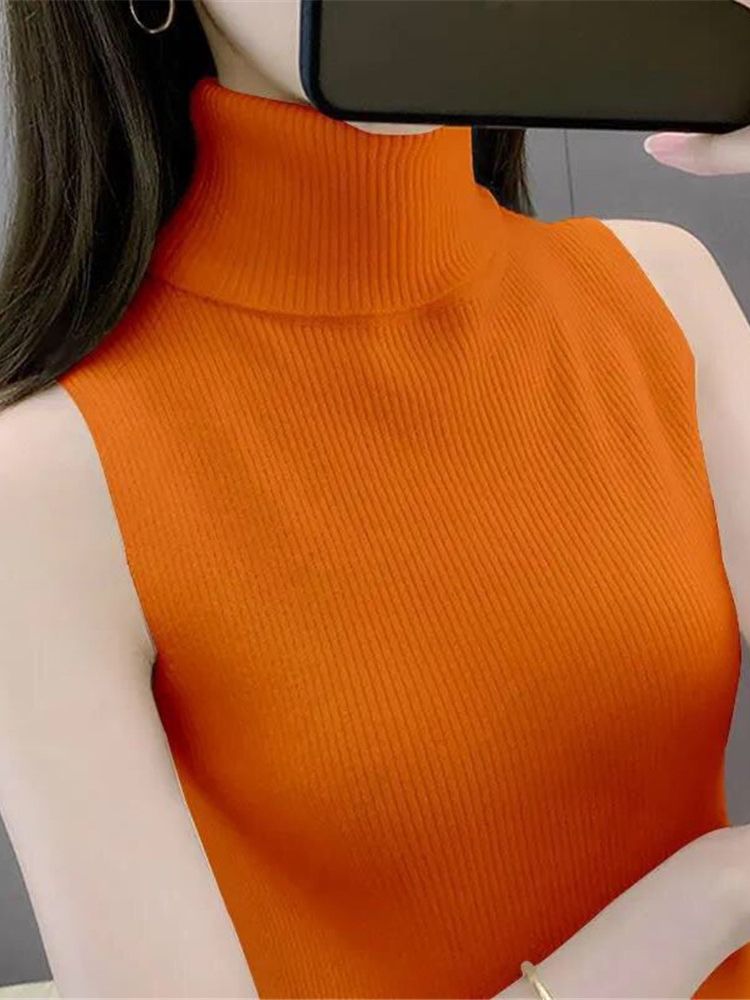 2022 Elegant Top Spring Autumn Knitted Tank Slim Top Women Blouse Turtlenck Sexy Stretch Sleeveless Sweater Vest Female Slim Top alx