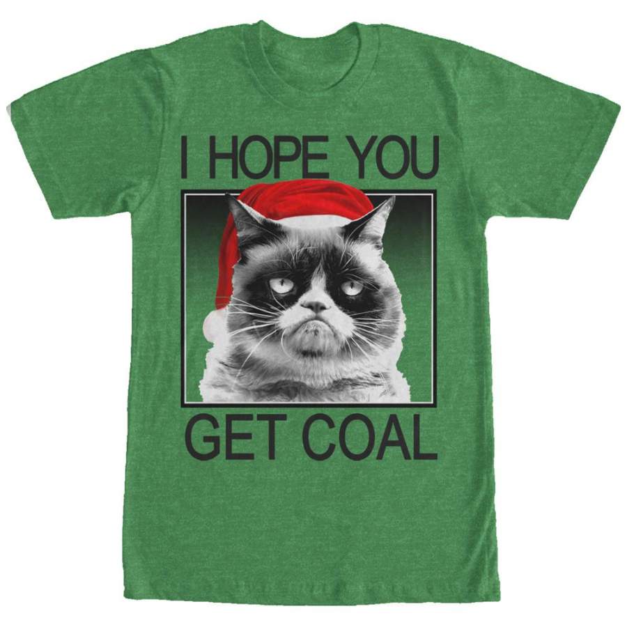 Grumpy Cat Men’s Christmas Get Coal  T Shirt Kelly Heather