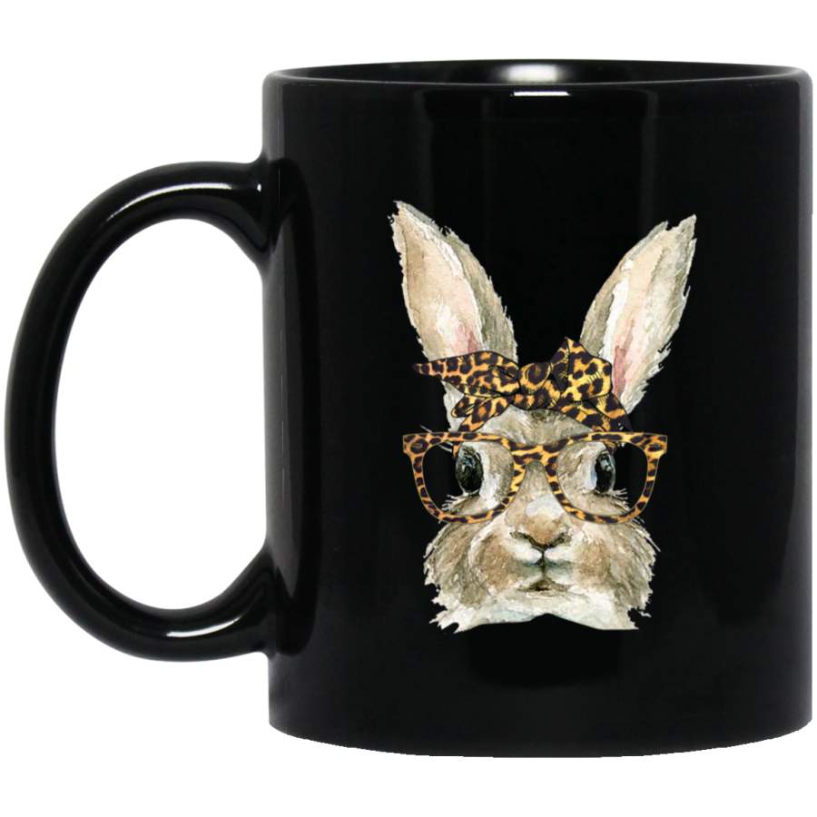 Bunny Rabbit Glasses Leopard Print Bow Funny Hipster Easter Black Mug