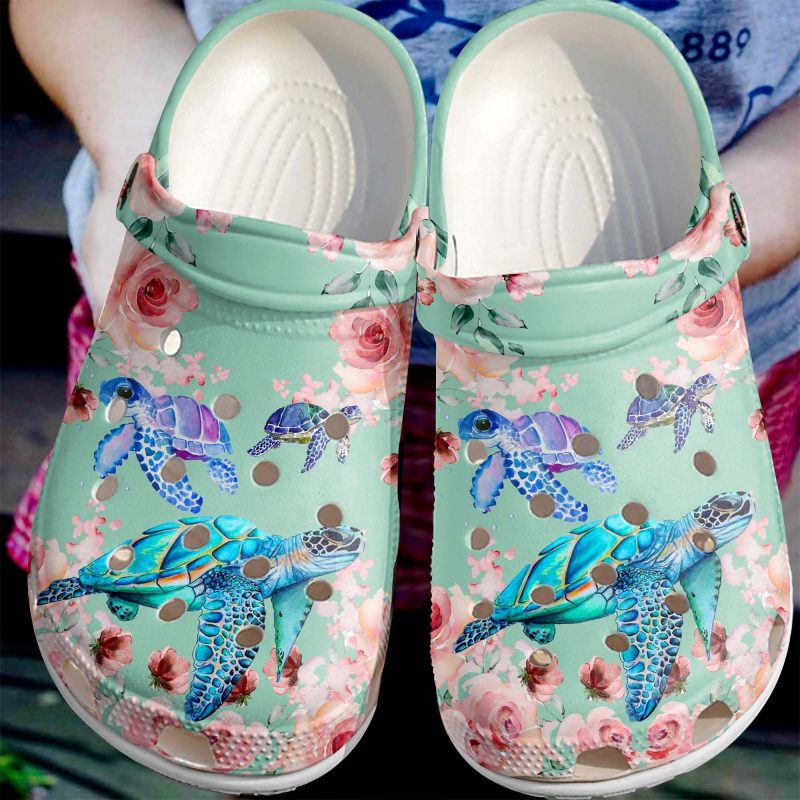 Sea Turtles With Roses Shoes – Beautiful Ocean Flower Shoes Crocbland Clog For Men and Women