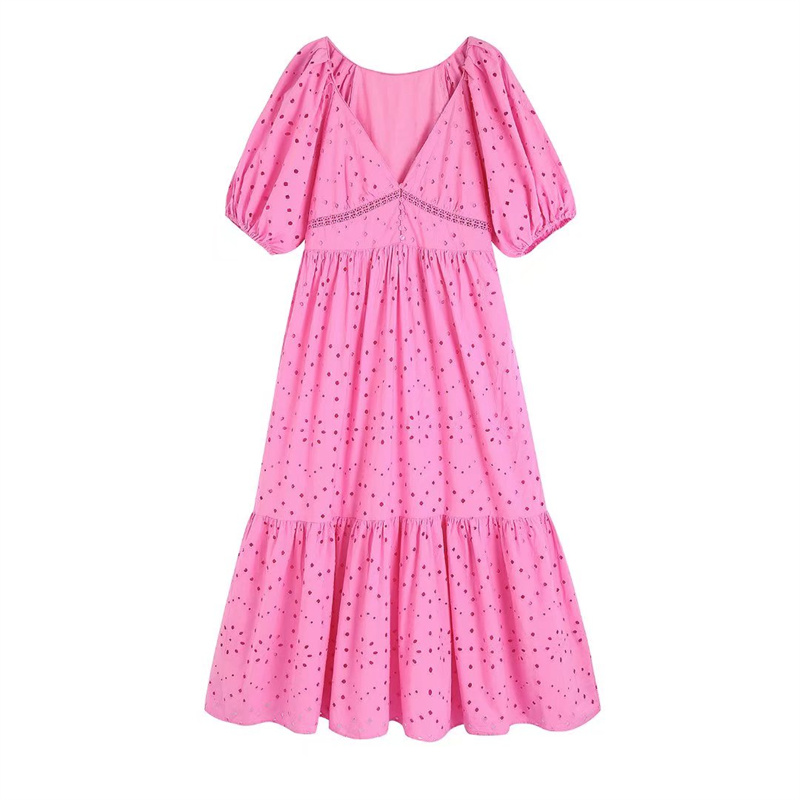 2022 ZA New Women Pink Hollow Embroidered Midi Short Sleeve Dress Summer Fashion Casual Sexy Deep V Neck White Dress alx