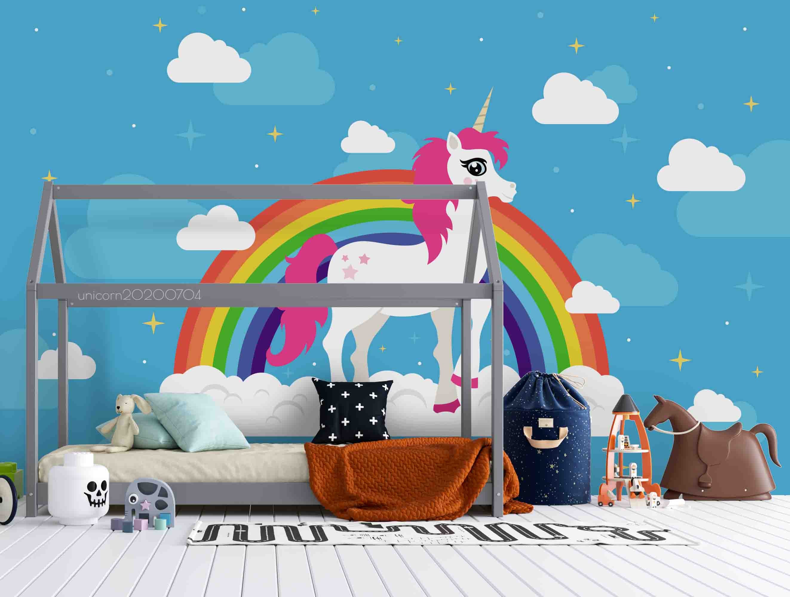 3D Cartoon Blue Sky Rainbow Unicorn Wall Mural Wallpaper A004 Lqh