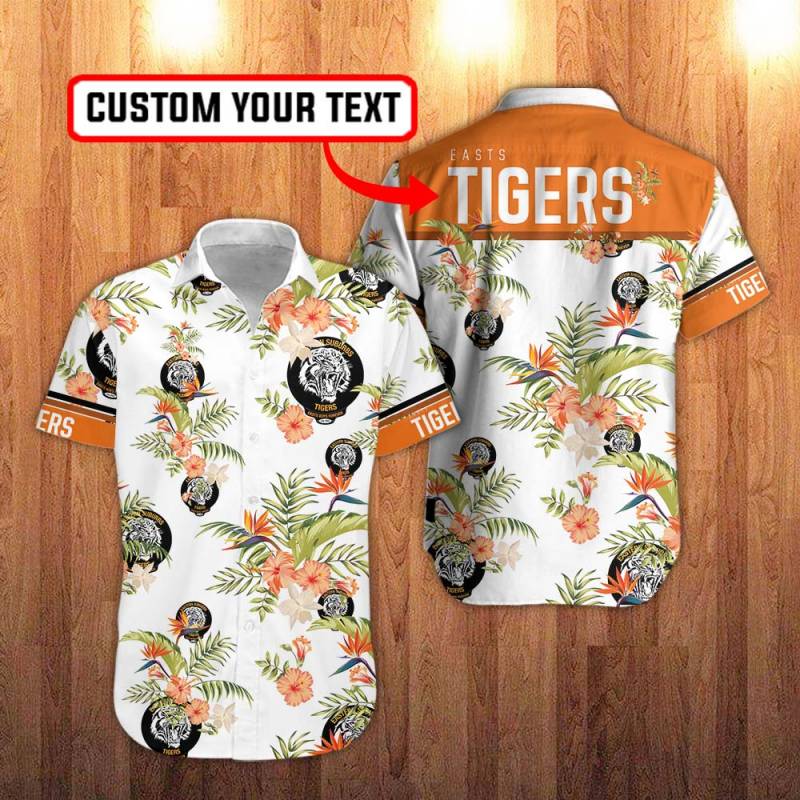 Easts Tigers Floral Hawaiian Shirt in White And Hawaiian Hibiscus Flower Personalization 3D Full Print Button Shirt