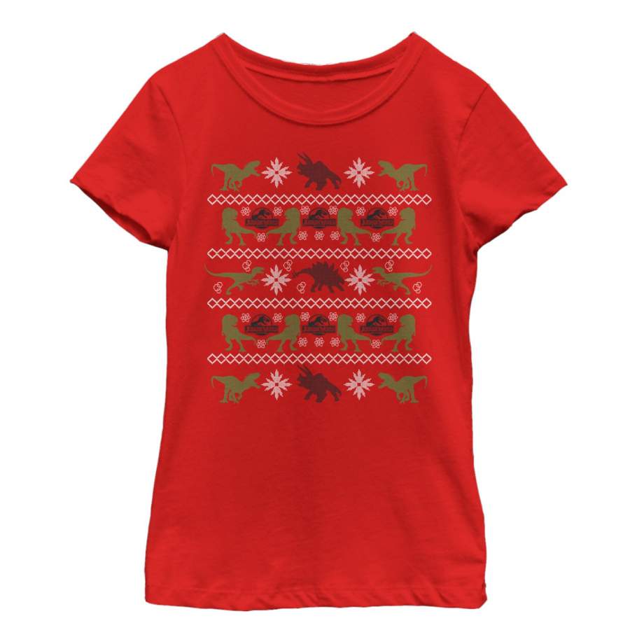 Jurassic World Girl’s Ugly Christmas Velociraptor  T Shirt