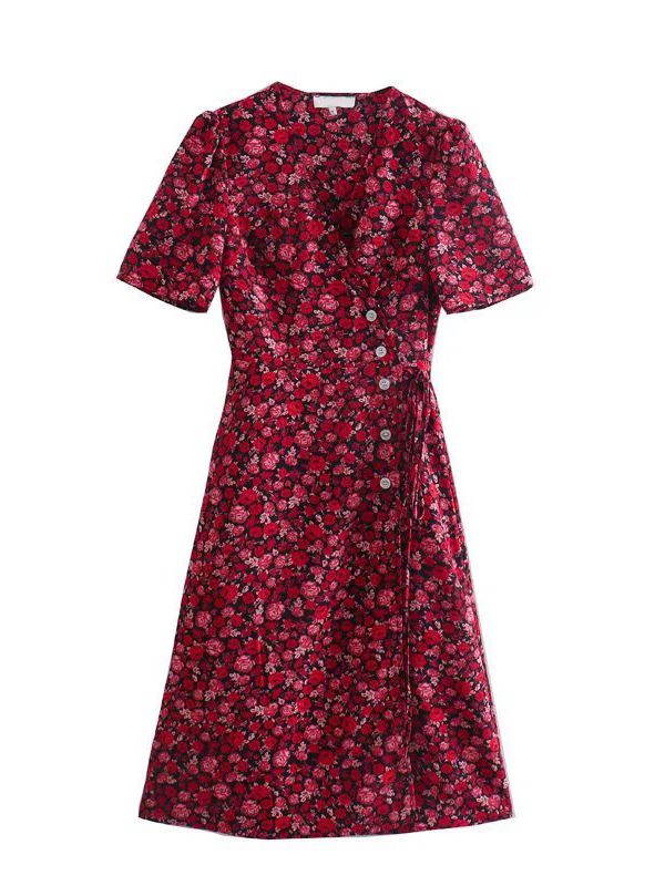 A-line Elegant Ladies Dress French Style Robe Summer Women Red Floral Print Wrap Dress Vintage Short Sleeve alx