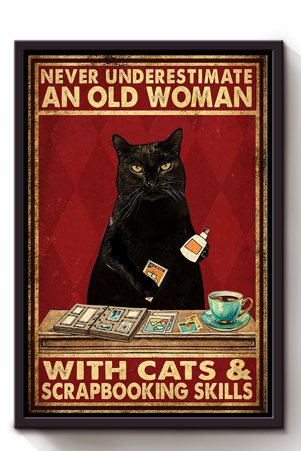 Cat Never Underestimate Old Woman Animal Wall Art Gift For Cat Lover International Cat Day Kitten Foster Framed Canvas