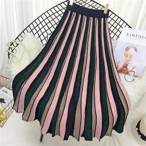 2021 Autumn Winter Women’s Korean Fashion Shining High Waist Pleated Long Skirt Female Vintage Knitted Midi Length Skirt L702 alx