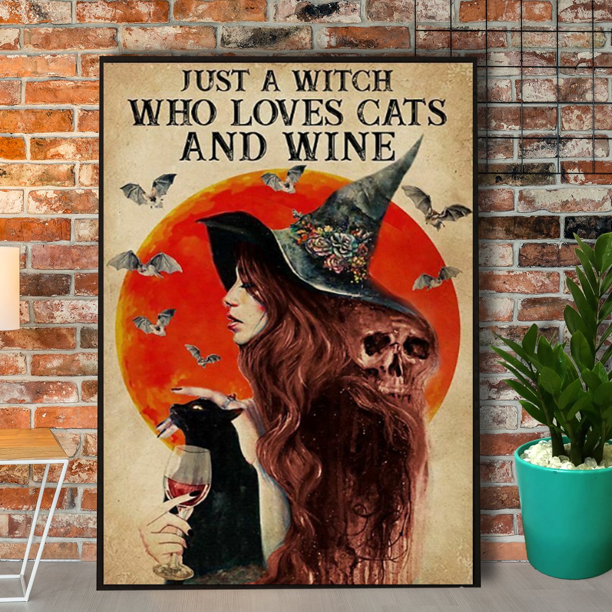 Retro Just A Witch Who Loves Cats And Wine Halloween Canvas Poster Wall Art Decor