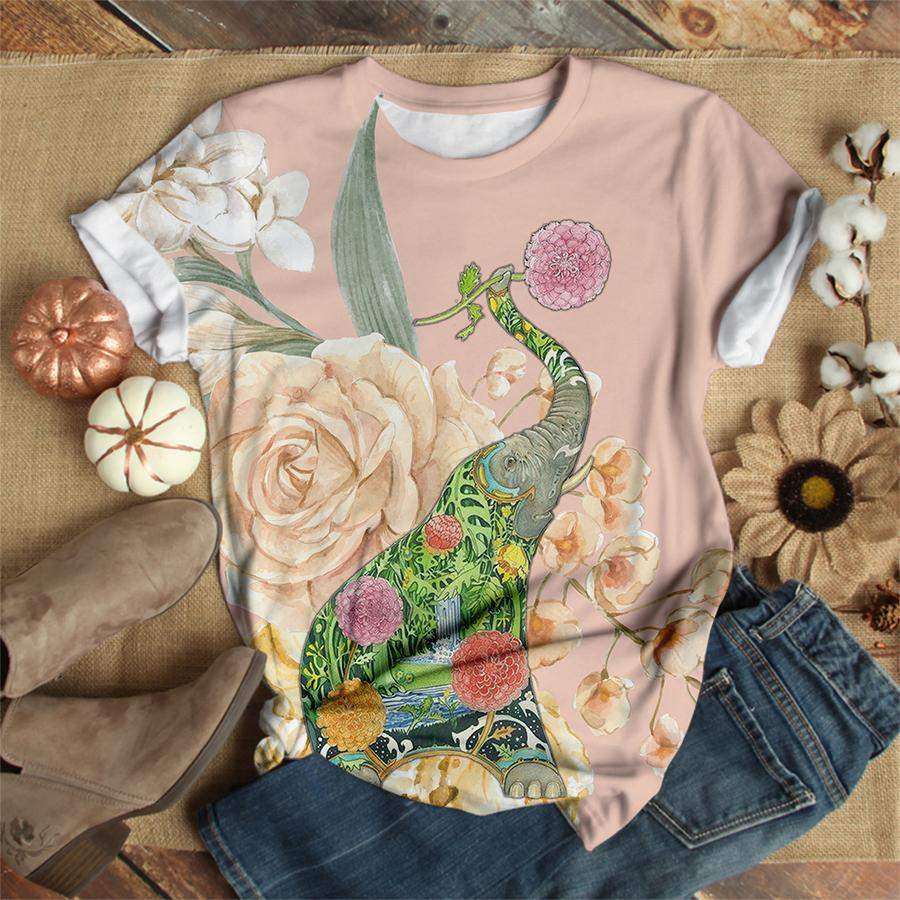 Elephant With Flowers Botanical T-shirt