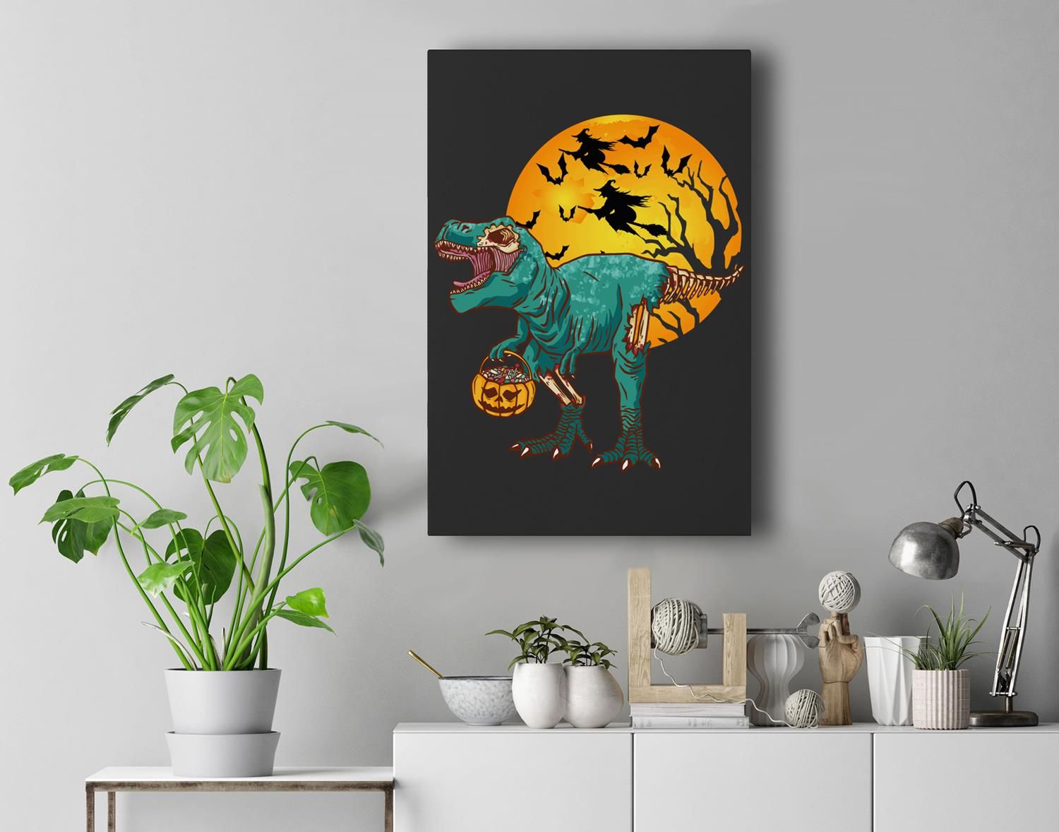 Trick Or Treats Halloween Pumpkin Bucket Zombies Dinosaur Premium Wall Art Canvas Decor