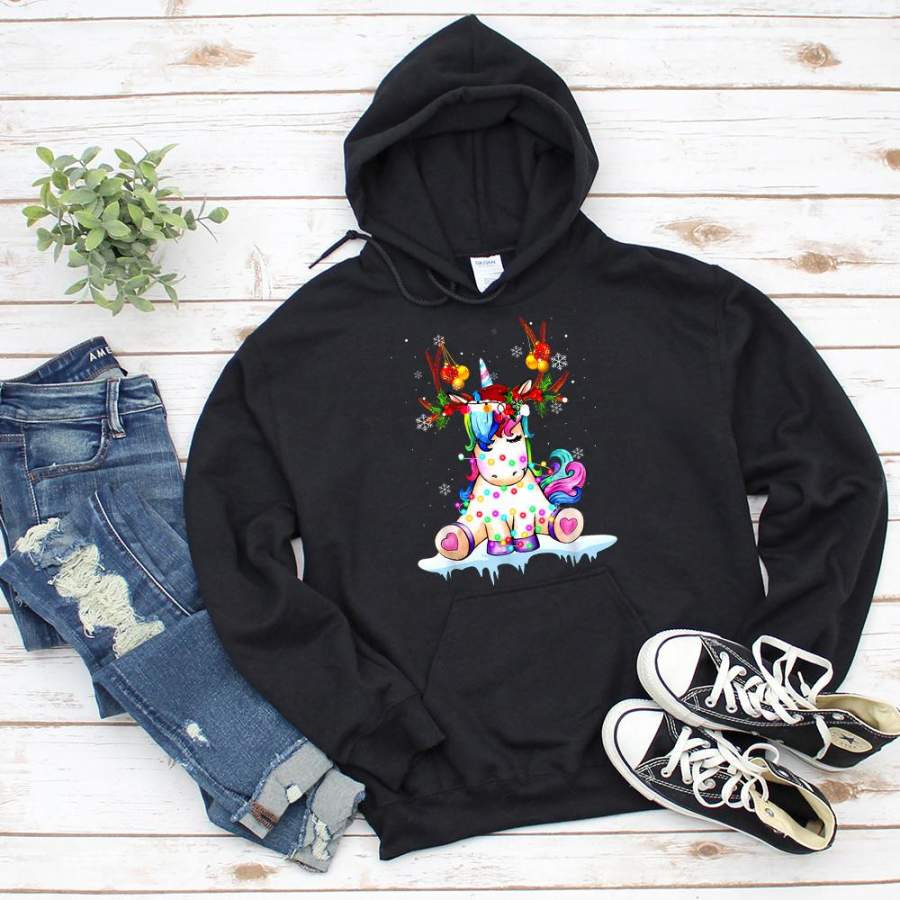 Cute unicorns christmas reindeer hat unicorns christmas reindeercolorful light merry christmas black hoodie for men and women S-5XL