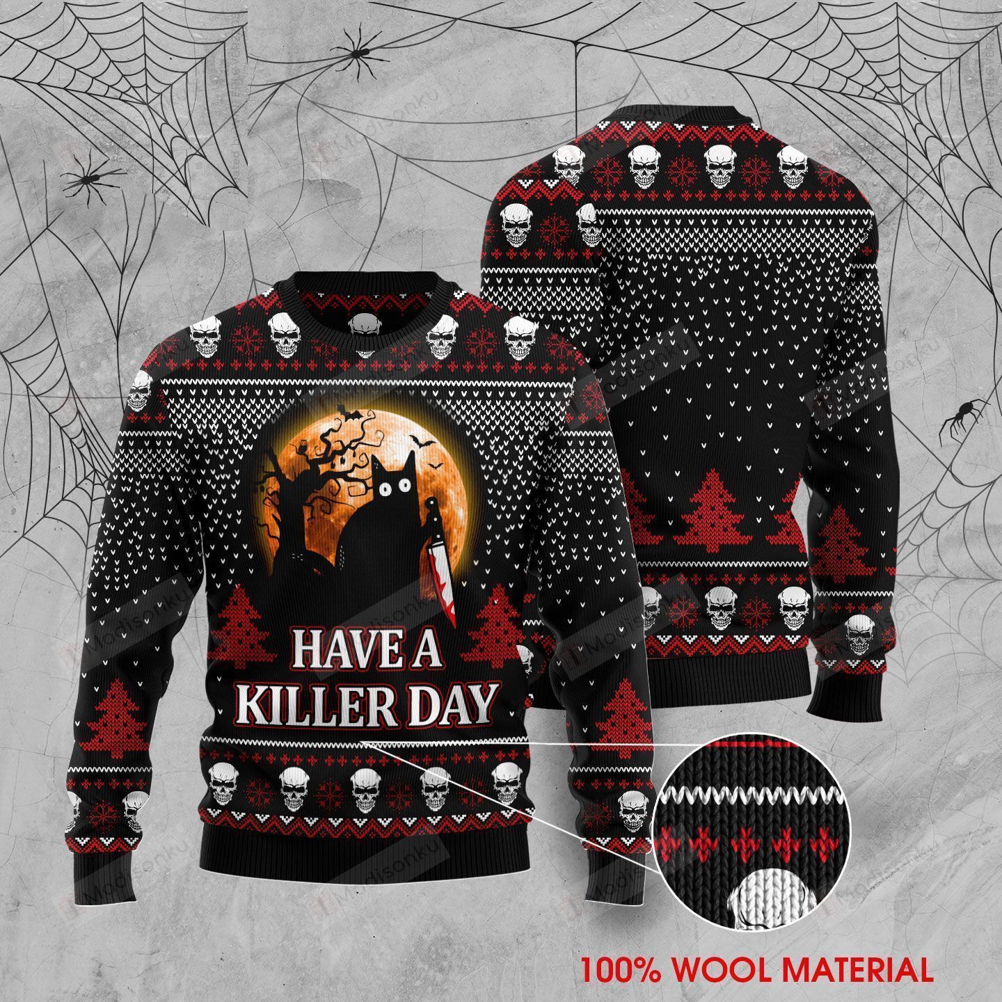 Black Cat Halloween Have A Killer Day Black Red Ugly Christmas Sweater, All Over Print Sweatshirt