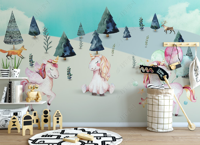 3D Hand Drawn Forest Animal Unicorn Wall Mural Wallpaper Lqh 60