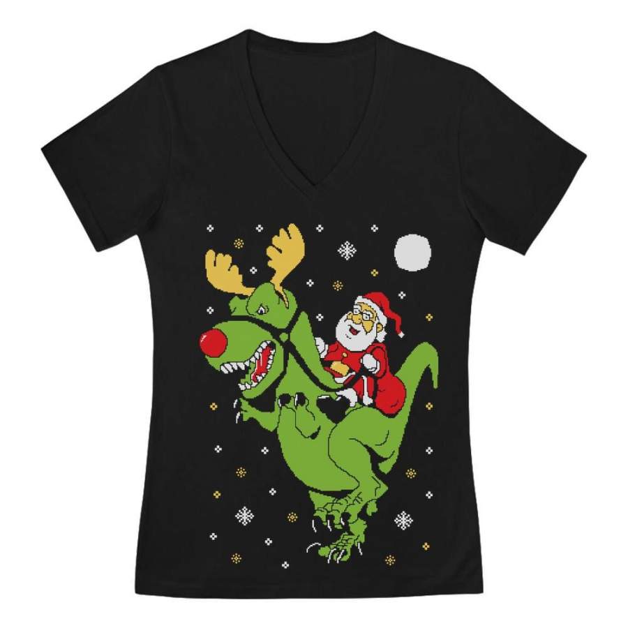 T-Rex Santa Ride Ugly Christmas V-Neck Fitted Women T-Shirt