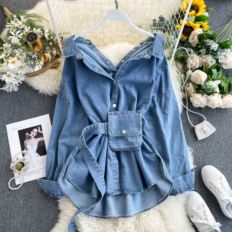 Women’s Denim Shirt Dress Straps Waist Thin Single-breasted Pockets Jacket Cowboy Blouses Belted Cardigan A-Line Dress Vestido alx