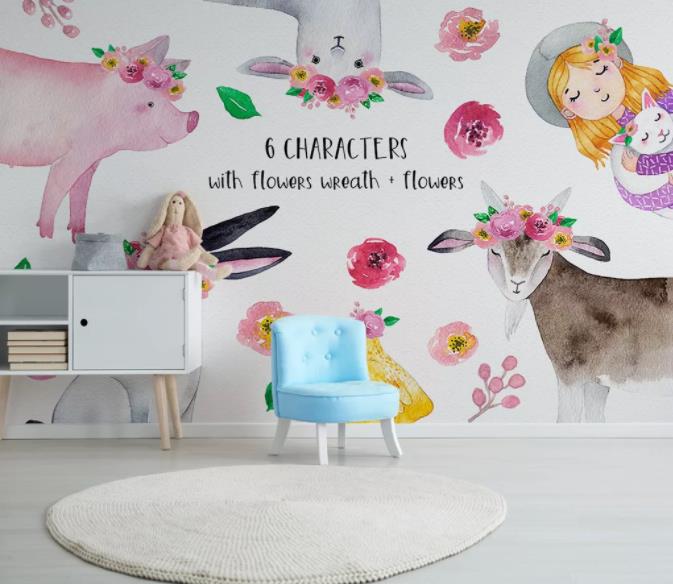 3D Cartoon Animal White Wall Mural Wallpaper 93