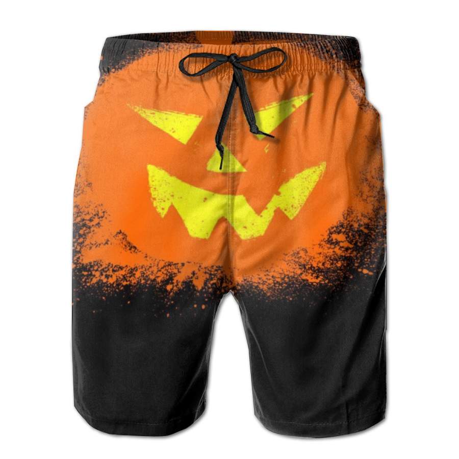 2 Pack Halloween Pumpkin Jack O Lantern Splatter Horizontal Poster Men Swim Trunks Drawstring Elastic Waist Quick Dry Beach Shorts with Mesh Lining Swimwear Bathing Suits