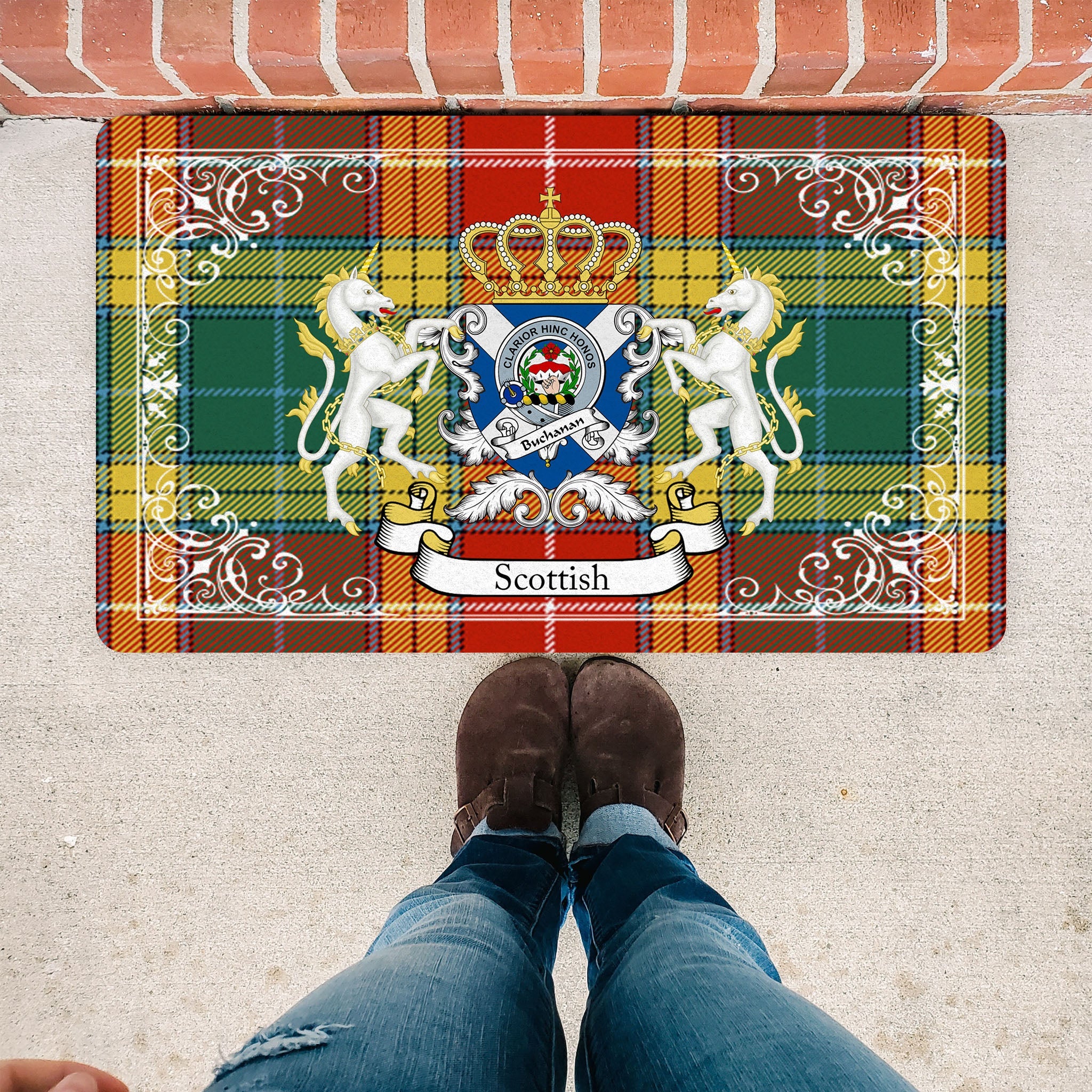 Scotstee Shop Tartan Door Mat Buchanan Old Sett Clan Badge Tartan Scottish Plaid Doormat, Christmas Door Mat