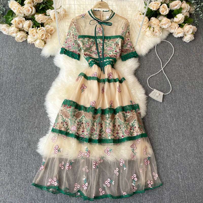 Women Elegant Long Lantern Sleeve Tulle Mesh Dress Floral Embroidery Stitching Lace Trims High Waist Bow Deco Party Dress alx