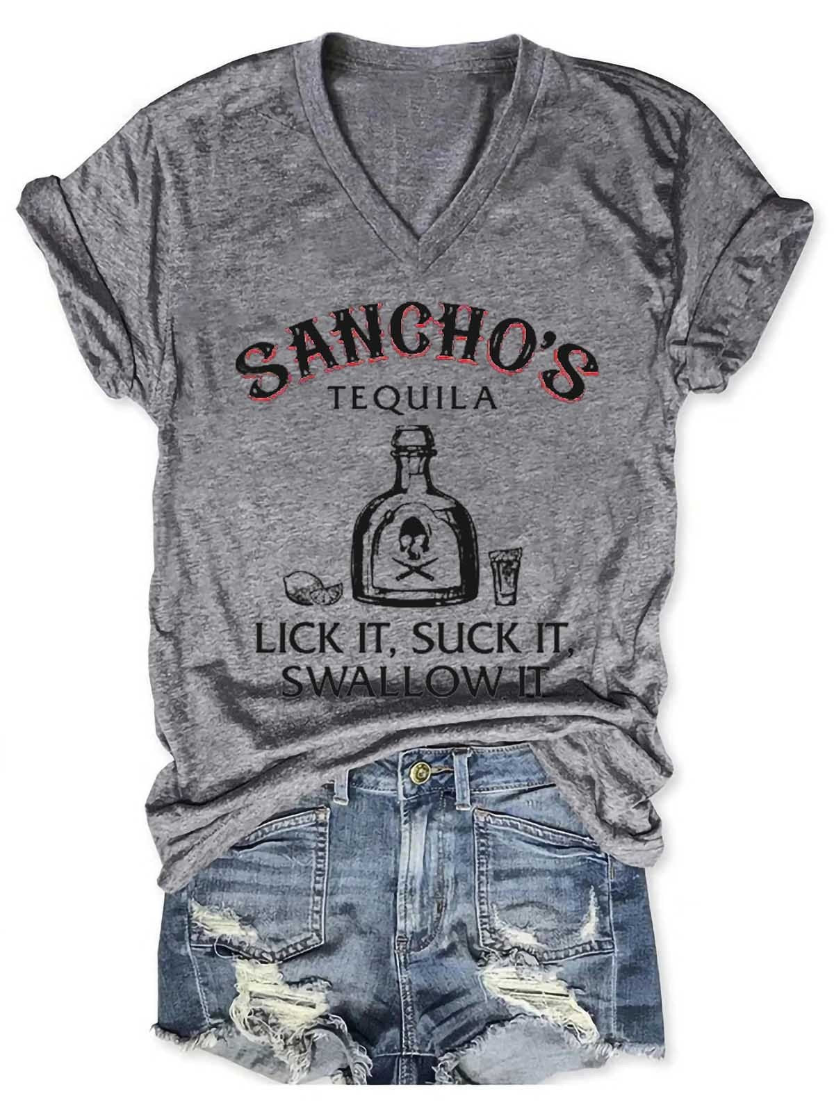 Women’S Sancho’S Tequila Lick It Suck It Swallow It V-Neck T-Shirt