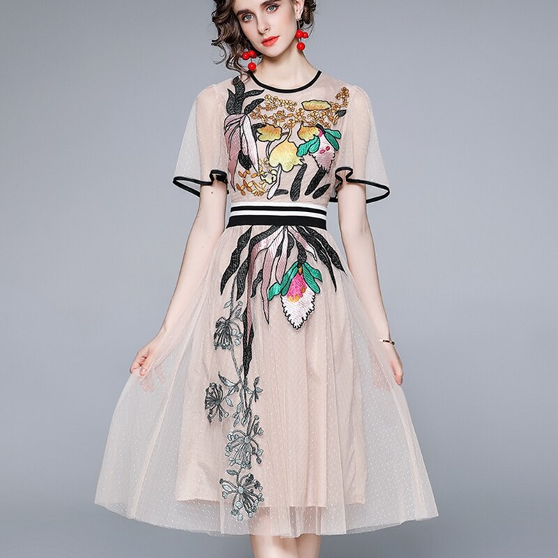 Women Summer Fashion Runway Midi Dress Butterfly Sleeve Flower Embroidery Ladies Slim A-Line Mesh Dresses Vestido alx