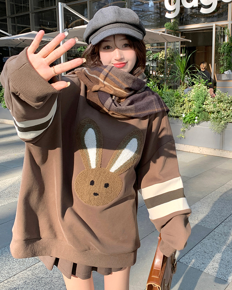 Winter Velvet Sweatshirt Women’s Crewneck Towel Embroidered Sweatshirt Cute Bunny Head Flocking Pullover Loose Streetwear Hoodie alx