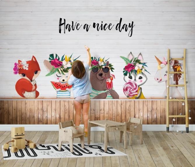 3D Nordic Fresh Animals Flowers Wall Mural Wallpaperpe 381