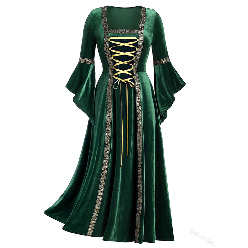 Women Medieval Dress Retro Court Noble Halloween Carnaval Costumes Gold Velvet Long Bell Sleeve Cosplay Princess Dresses alx