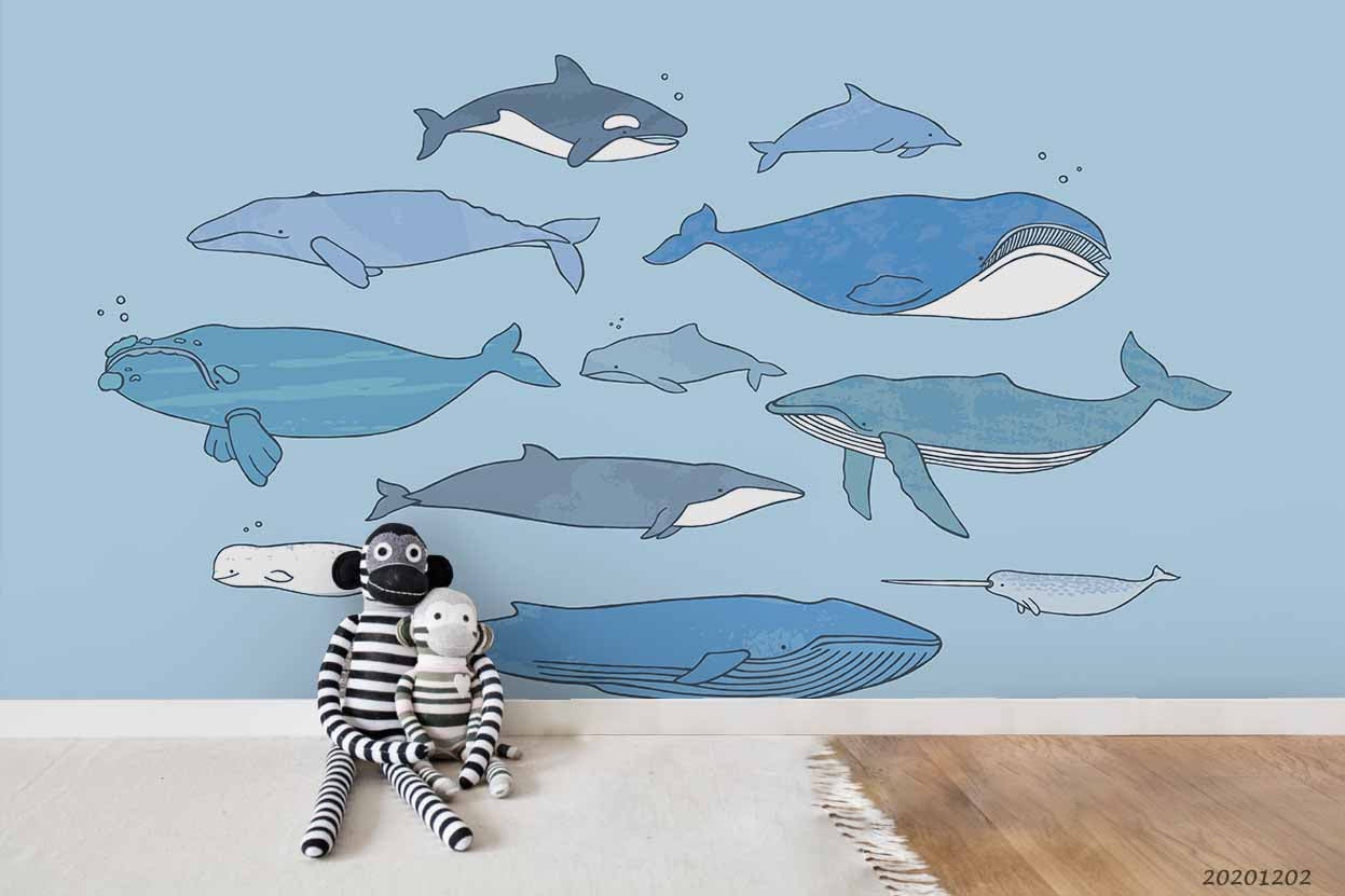 3D Cartoon Hand Drawn Ocean Blue Whale Doliphin Fish Wall Mural Wallpaper Lxl