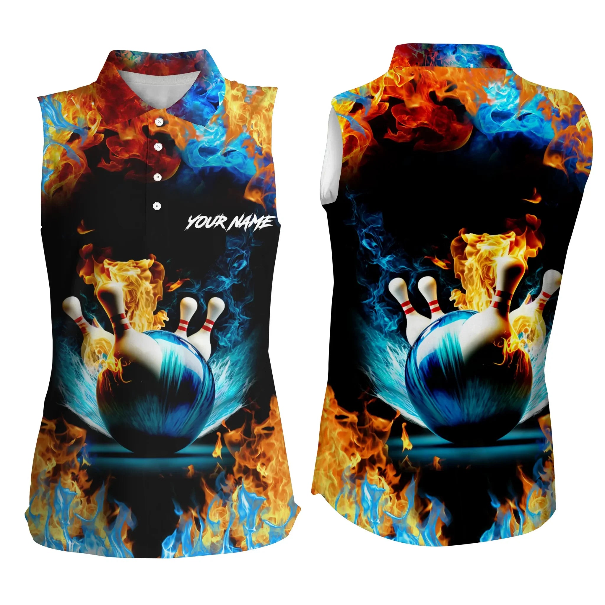 Water Fire Background Name Sleeveless Polo Bowling Polo Shirts For Women, Team Bowling Jerseys