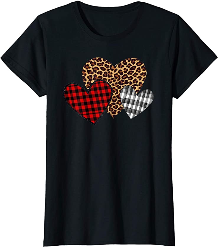 Teachers Valentines 3 Hearts Buffalo Plaid Leopard T-Shirt