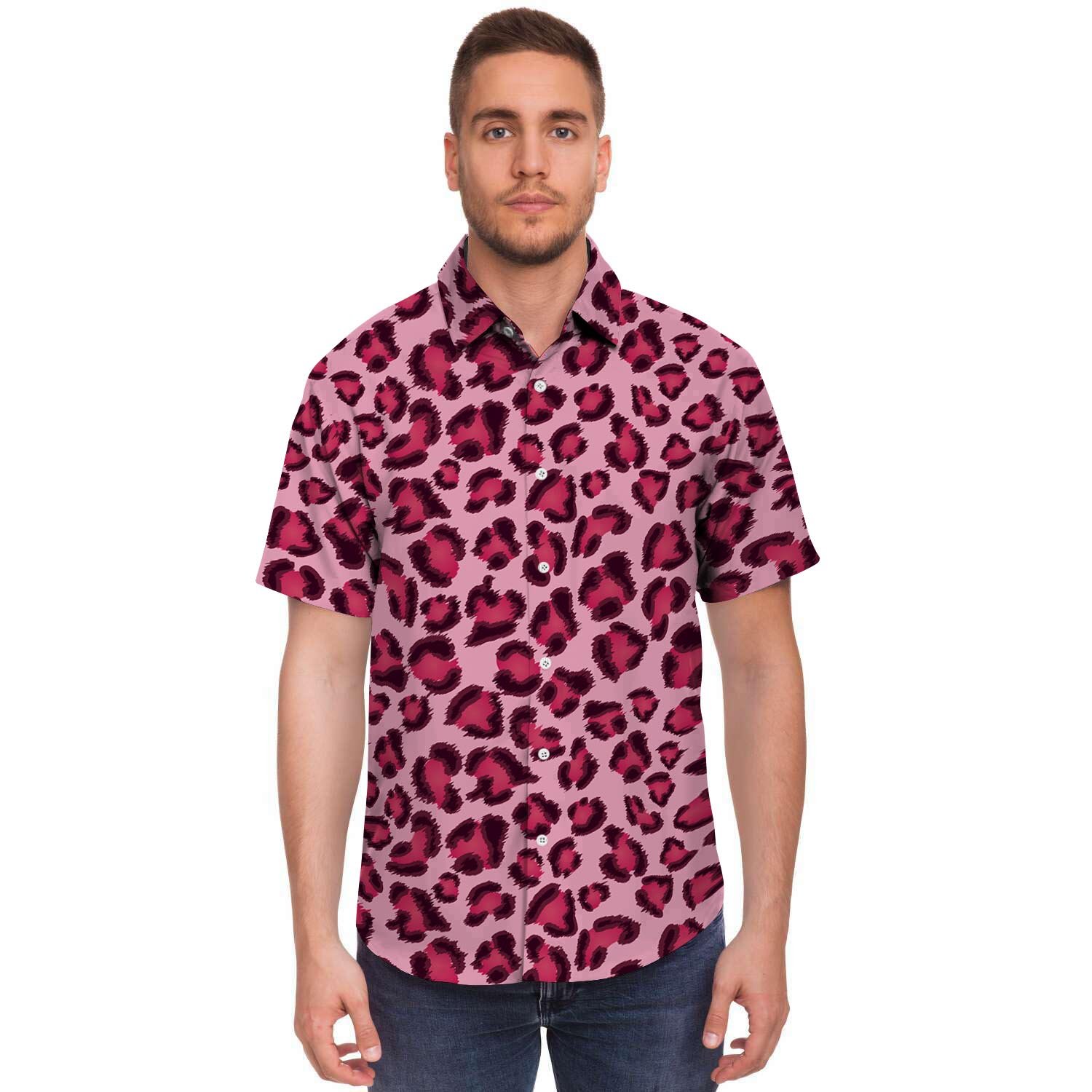 Pink Leopard Print Men’S Short Sleeve Shirt