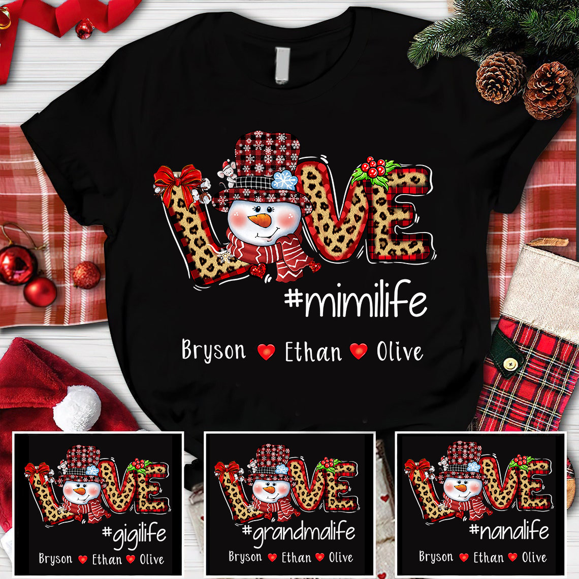 Personalized Christmas Love Nana T Shirt, Xmas Grandma Nana Mimi Shirt Custom Kidnames, Snowman Leopard Love Nana Shirt for Xmas 2023