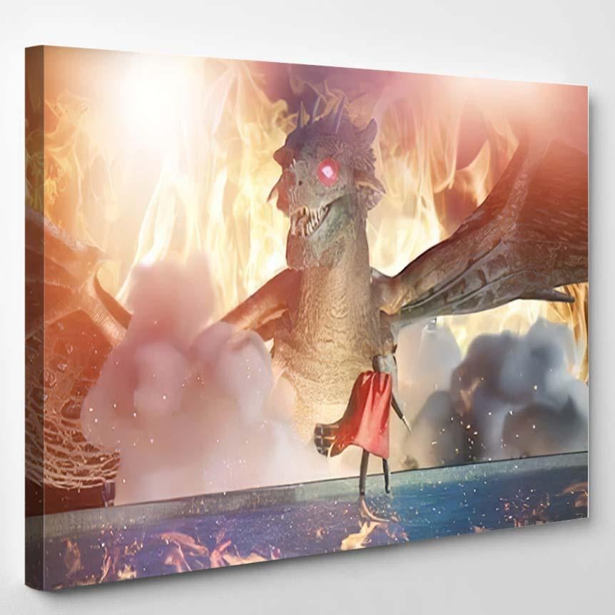 3D Illustration Fantastic Dragon Versus Man – Dragon Animals Canvas Print