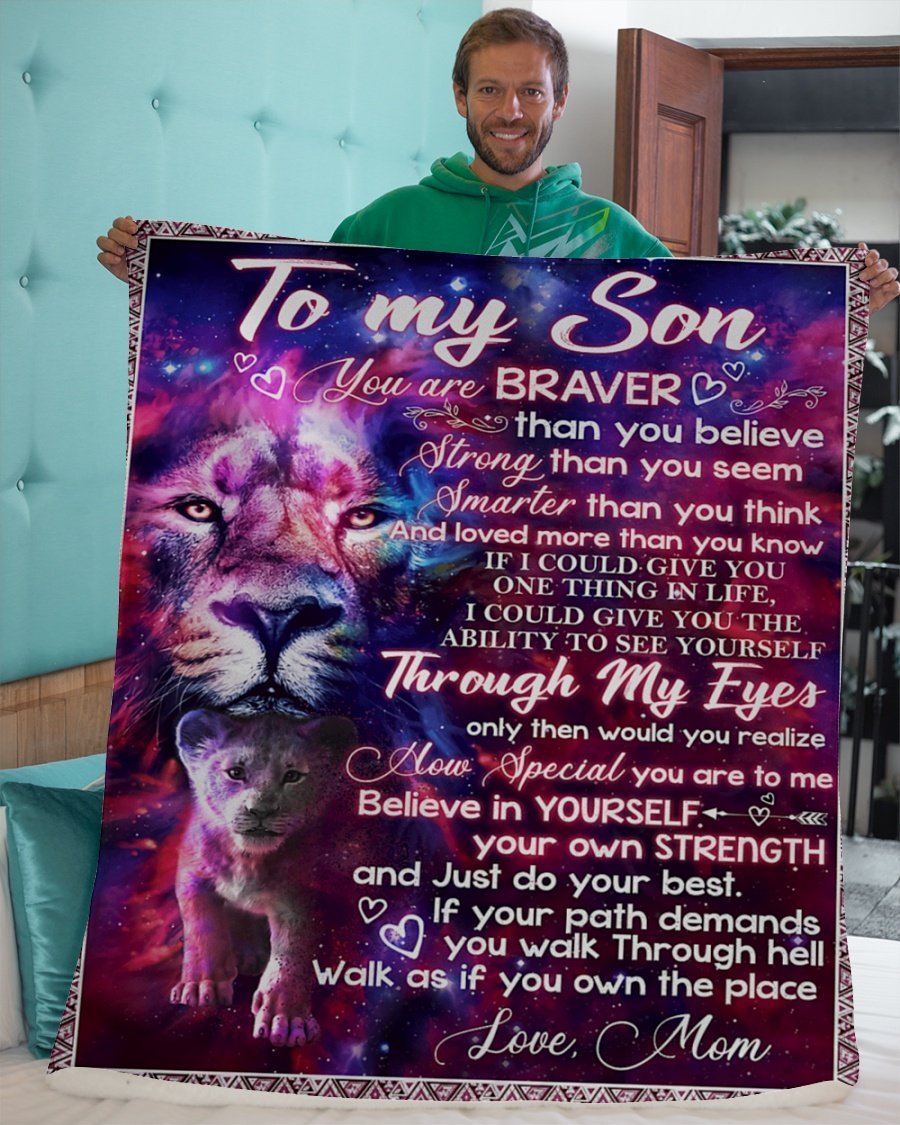 To My Son Lion You Are Braver Mom Personalized Custom Name Text Fleece Blanket Print 3D, Unisex, Kid, Adult