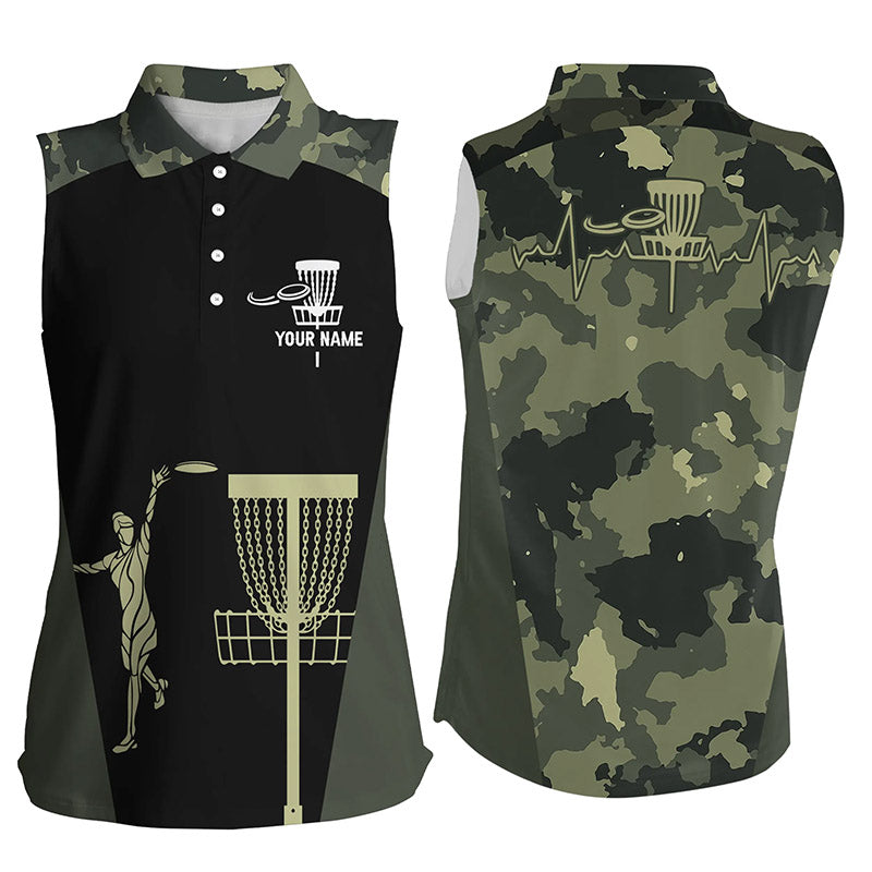 Women Sleeveless Polo Shirt Custom Black Camo Disc Golfers Basket, Personalized Disc Golf Gifts