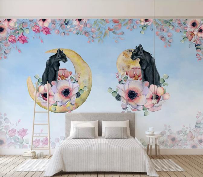 3D Hand Painted Animal Flowers Wall Mural Wallpaper 3