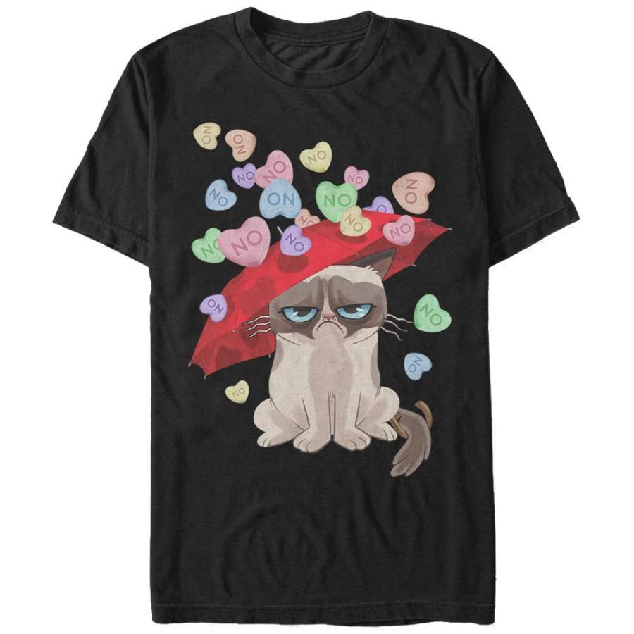 Grumpy Cat Men’s Valentine’s Day Raining Candy Hearts  T Shirt Black