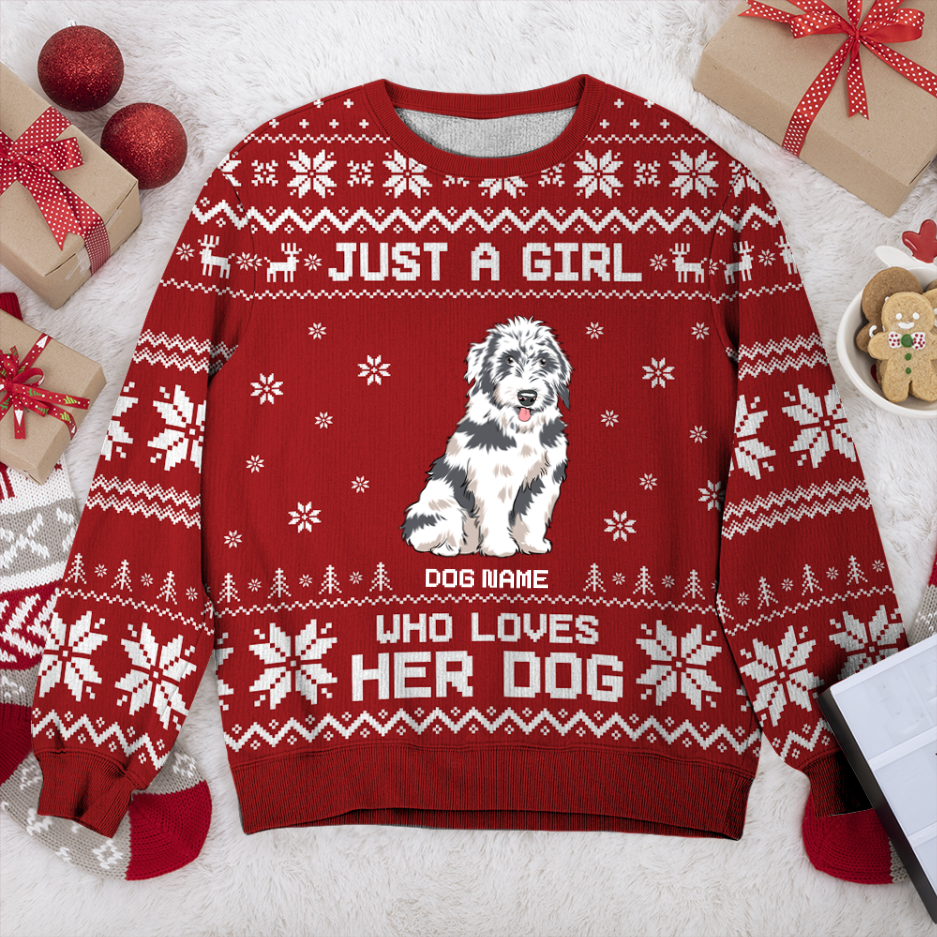 Aussiepoo Just A Girl Personalized Sweater, Dog Ugly Christmas Sweater